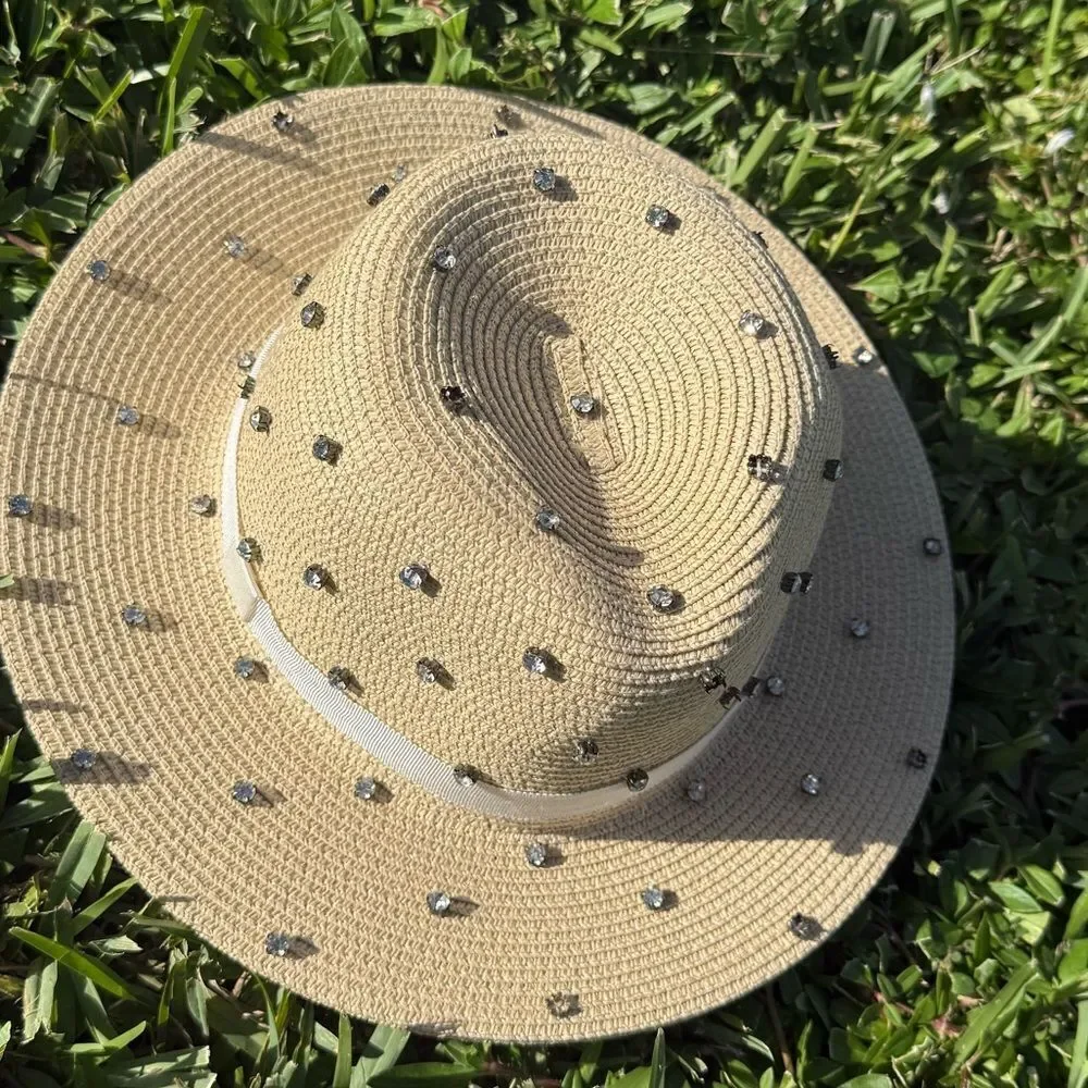 Studded Tan Straw Hat Rhinestone Detailing White Trim - BRAND NEW